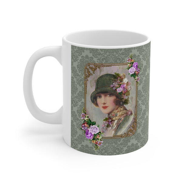 Ceramic Mug With Elegant  1920s Vintage Woman in Green Flapper Style Gatsby Hat with purple flowers on green damask background with white handle 