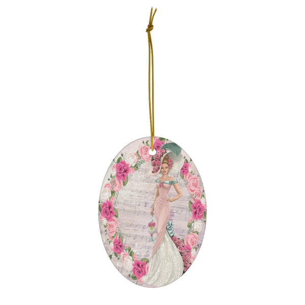 Oval ceramic ornament with Edwardian Lady with large hat music sheet background surrounded with pink and white roses