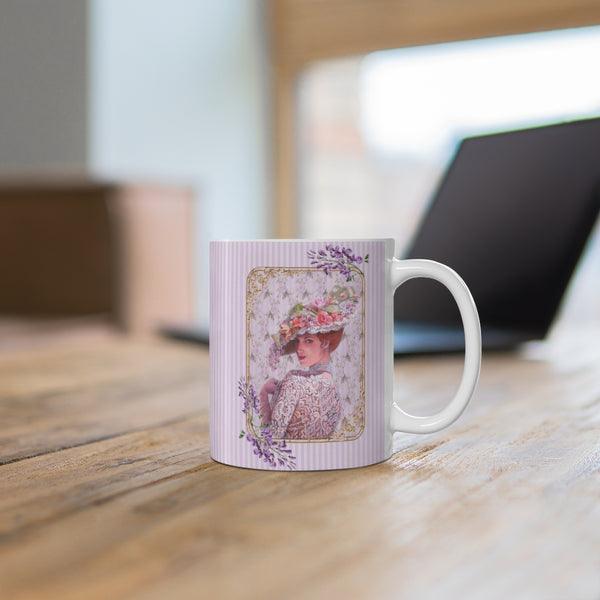 Ceramic Mug with Elegant Early 1900s Vintage Woman wearing  a Purple Lace Dress, Large Floral Hat Purple on Striped Background and White Handle