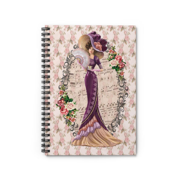 Spiral Bound Notebook Journal Lined Pages with Early 1900s Vintage Hello Dolly Lady in a Burgandy Dress and Large Hat on a Floral Background