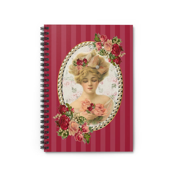 Spiral Bound Notebook Journal With Elegant Vintage Floral Design Cameo with Pearls on Red Stripes