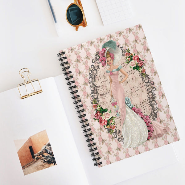 Spiral Bound Notebook Journal  with Early 1900s Vintage Hello Dolly Lady in a Pink Dress and Large Hat on Floral Background decorated with clusters of vintage flowers