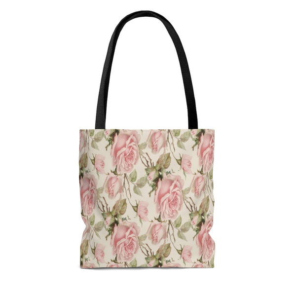 tote bag with pink roses, greem leaves on white background and black straps