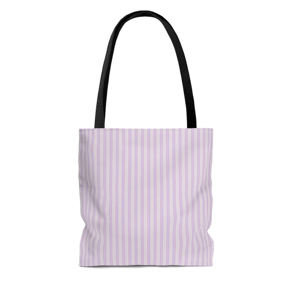 tote bag with thin purple and white stripes and black handles