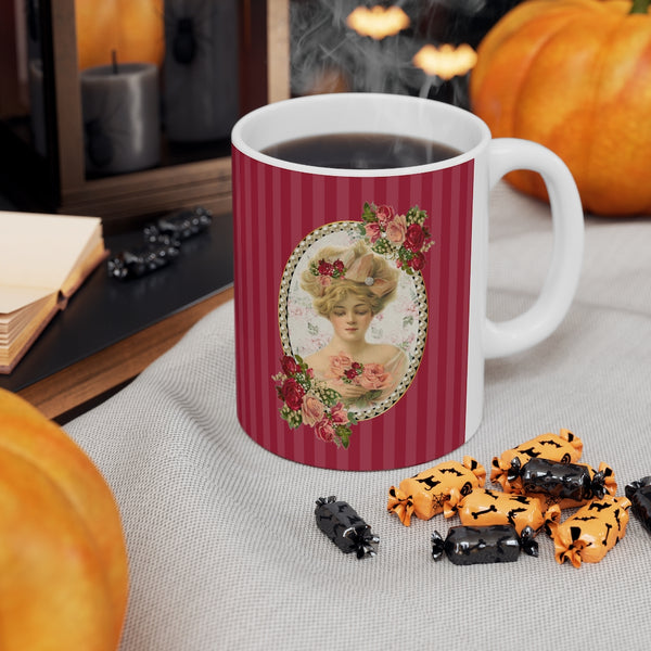 Ceramic Mug With Elegant Early 1900s Vintage Woman Surrounded with Pearls on Red Stripes with White Handle with pumpkin behind ad halloween candy in front