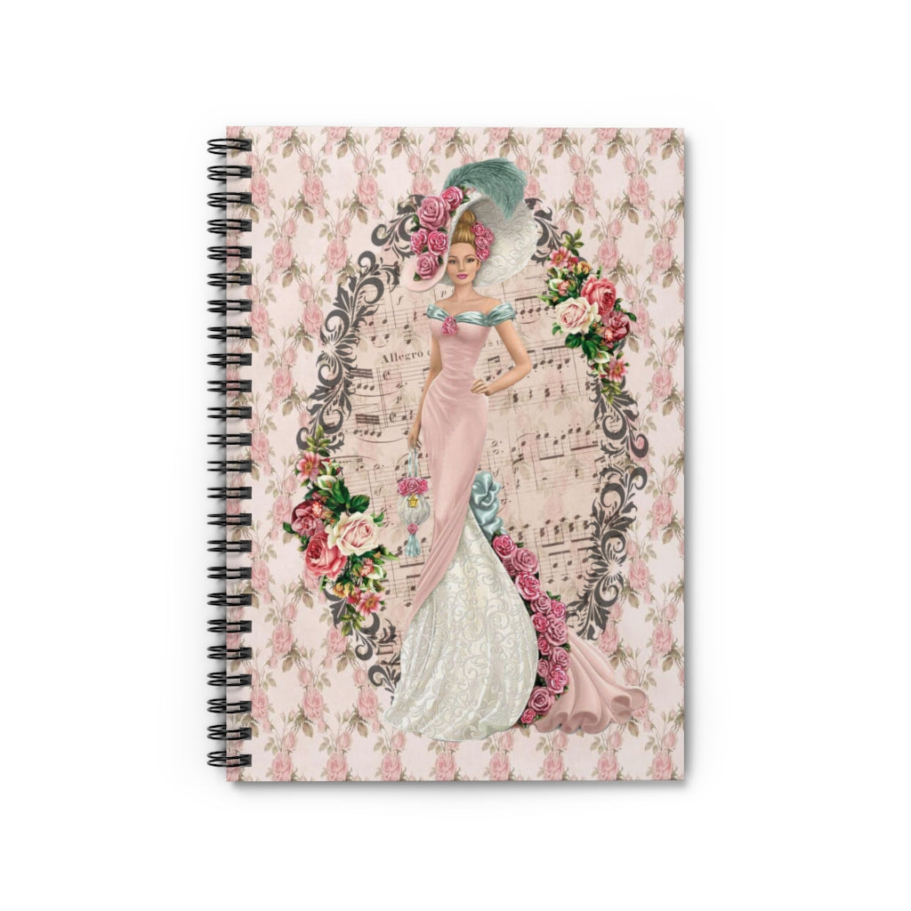 Spiral Bound Notebook Journal  with Early 1900s Vintage Hello Dolly Lady in a Pink Dress and Large Hat on Floral Background decorated with clusters of vintage flowers
