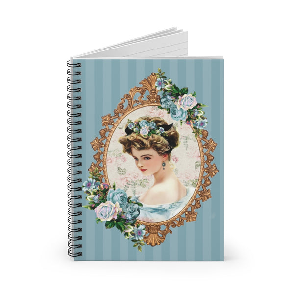 open Spiral Bound Notebook Journal Lined Pages With  Early 1900s Vintage Harrison Fisher Illustration of Lady In Gold Frame Accented With Roses