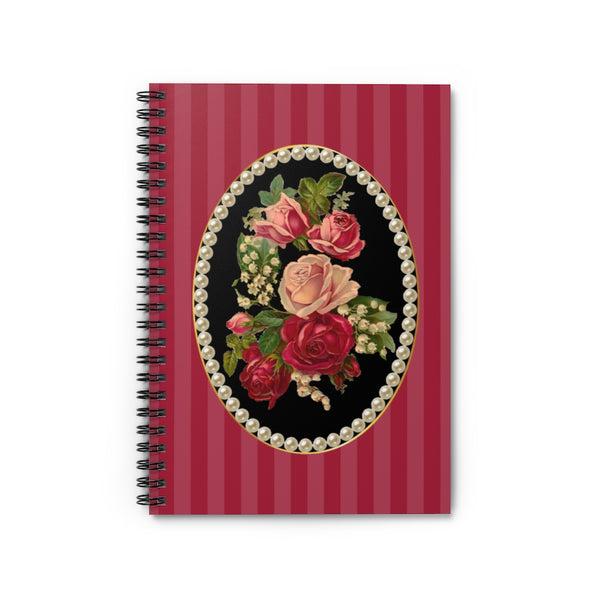 Spiral Bound Notebook Journal Lined Pages With Elegant Vintage Floral Design Cameo with Pearls on Red Stripes