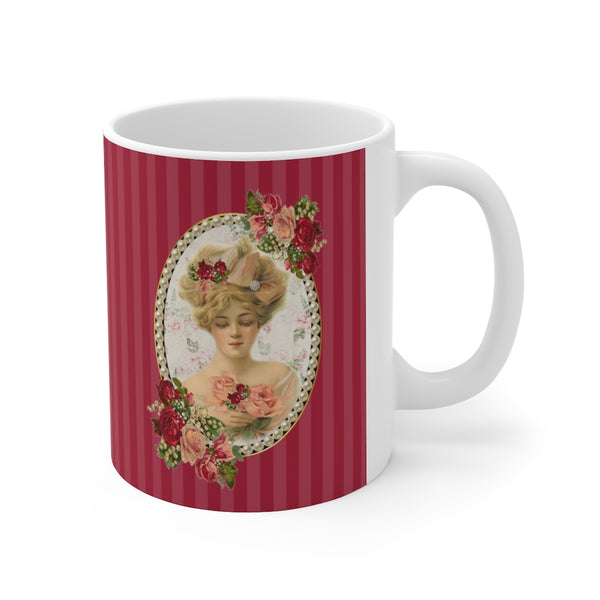 Ceramic Mug With Elegant Early 1900s Vintage Woman Surrounded with Pearls on Red Stripes with White Handle