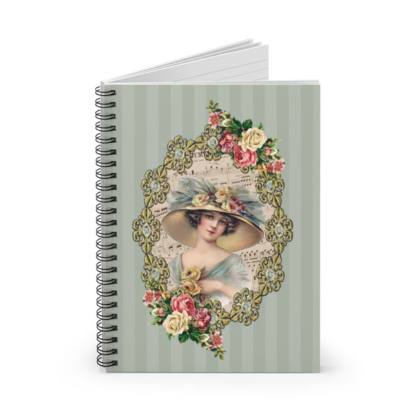 open Spiral Bound Notebook Journal With Elegant Early 1900s Vintage Woman in a Large Hat Surrounded By gold filigrees accented with roses on Teal Stripes