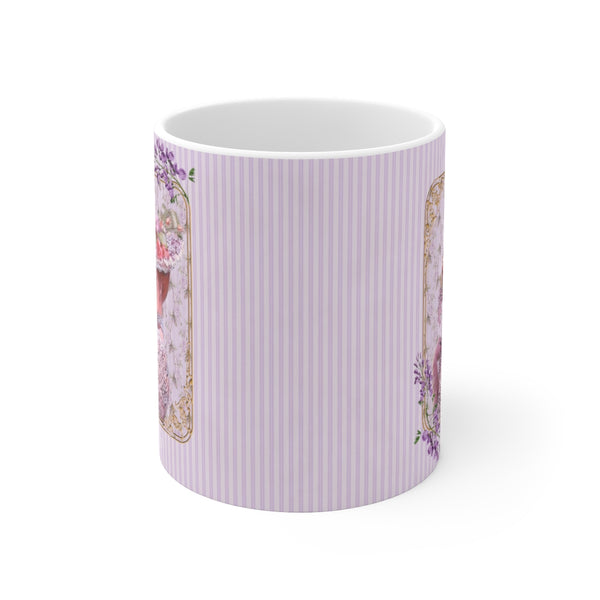 side view of mug thin purple and white stripes