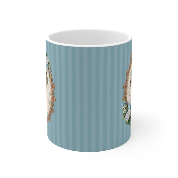 side view of mug with blue stripes