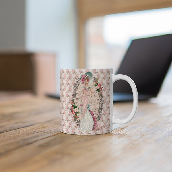 Ceramic Mug with With with Early 1900s Vintage Hello Dolly Lady in a Pink Dress and Large Hat Floral Background