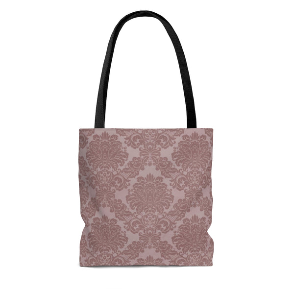 tote bag with purple damask fabric and black handles