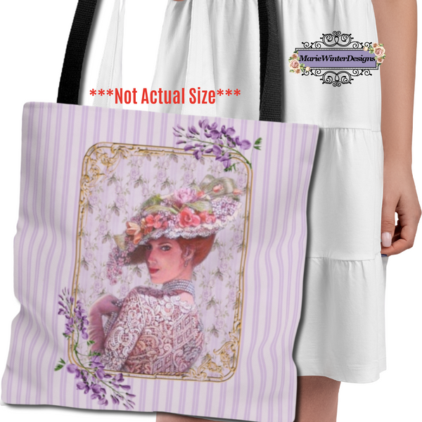 Tote Bag Purse and Book BagWith Elegant Early 1900s Vintage Woman Wearing a Purple Lace Dress