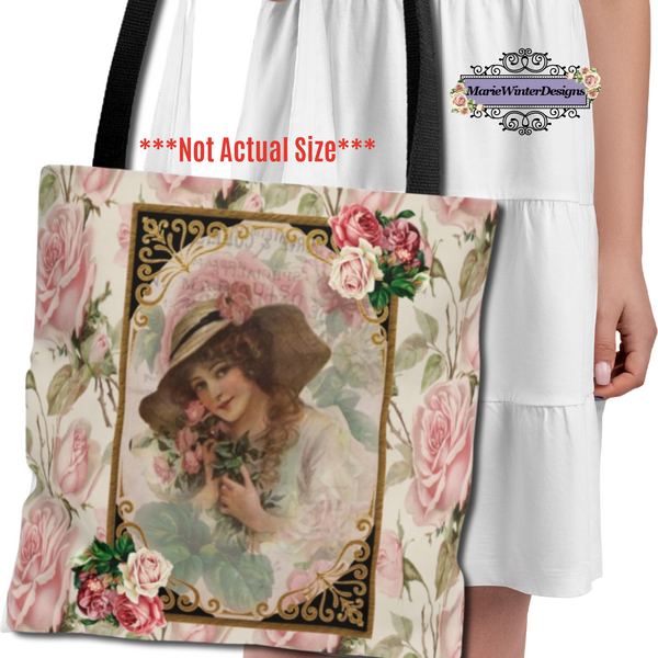 Tote Bag Purse Book Bag With Early 1900s Vintage Woman in a Black and Gold Frame