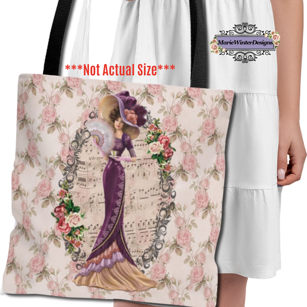 Person carrying a Tote Bag Purse Book Bag With Elegant Early 1900s Vintage Hello Dolly Lady in a Burgandy Dress on pink roses, green leaves white background