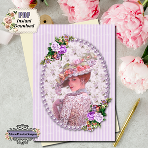 PDF Digital Download  Greeting Card with Elegant Early 1900s Vintage Woman Wearing a Purple Lace Dress and Large Floral Hat on thin purple and white stripes, gold pen and pink flowers behind