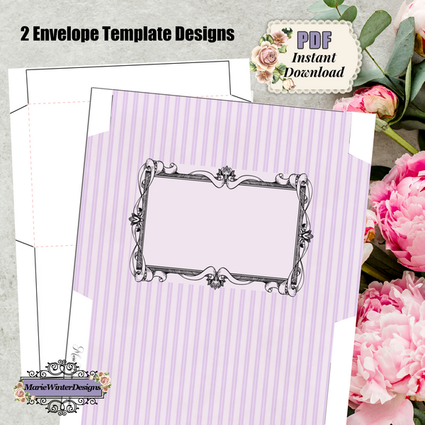 envelope templates, plain white and purple & white stripes, pink flowers behind