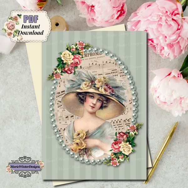 Note Card - PDF Digital Download Printable - Vintage Woman in a Large Hat Accented with Vintage Flowers Teal Background
