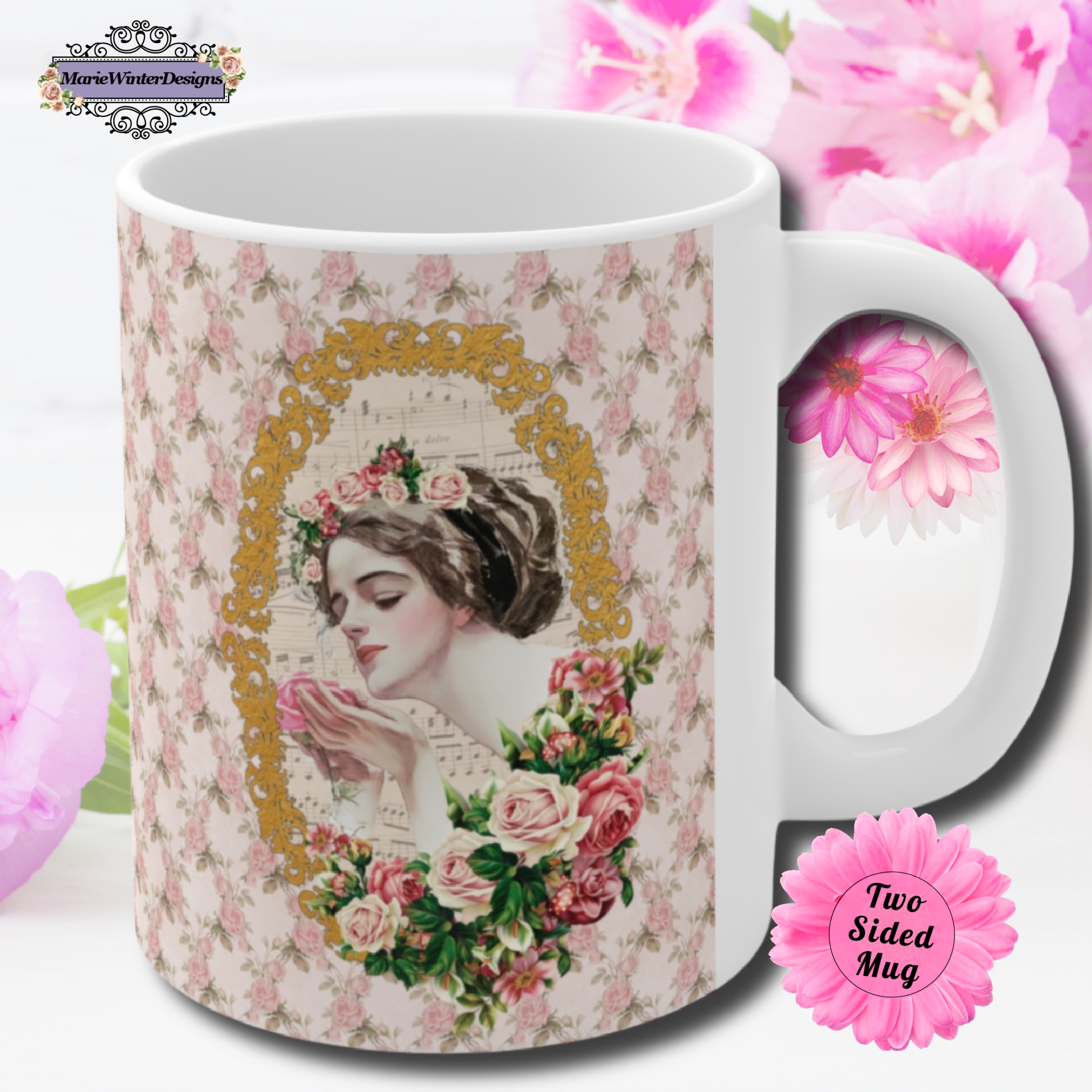 Ceramic Mug with With With  Early 1900s Vintage Harrison Fisher Illustration of Lady In Gold Frame accented with roses with white handle, pink flowers behind