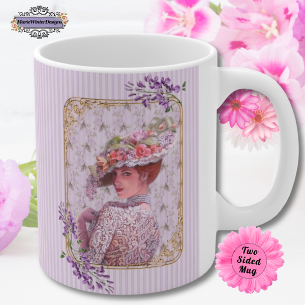 Ceramic Mug with Elegant Early 1900s Vintage Woman wearing  a Purple Lace Dress, Large Floral Hat Purple on Striped Background and White Handle and pink flower behind 
