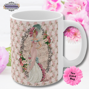 Ceramic Mug with With with Early 1900s Vintage Hello Dolly Lady in a Pink Dress and Large Hat Floral Background pink flowers behind