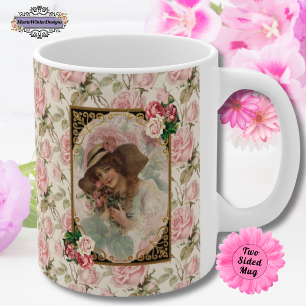 Ceramic Mug with With Elegant Early 1900s Vintage Woman in a Large Hat with  Black and Gold Frame on rose pattern background and white handle and pink flowers behind