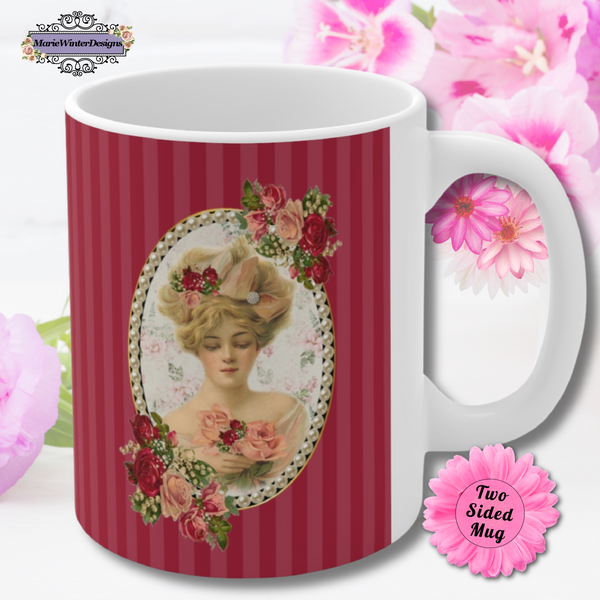 Ceramic Mug With Elegant Early 1900s Vintage Woman Surrounded with Pearls on Red Stripes with White Handle and pink flowers behind "two sided mug"