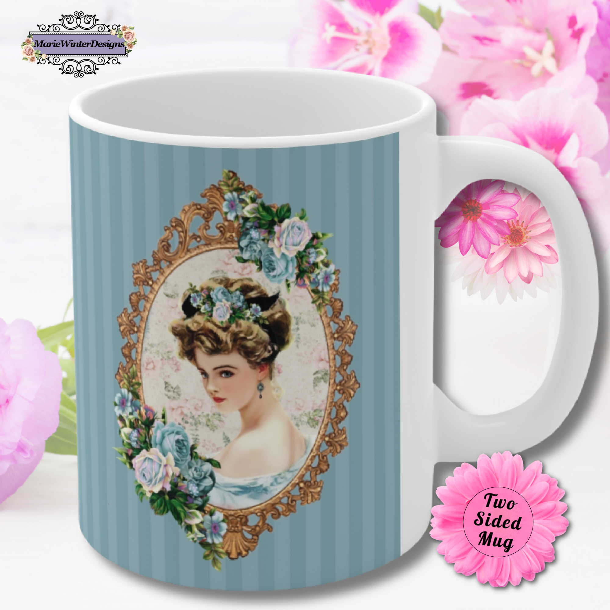 Ceramic Mug with With Elegant Early 1900s Vintage Harrison Fisher Illustration of Lady In Gold Frame On Blue Striped Background with white handle pink flower behind