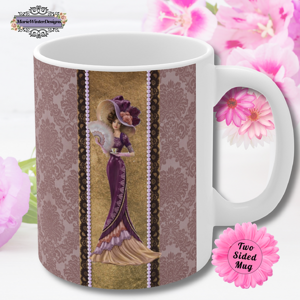 Ceramic Mug With Elegant Early 1900s Vintage Woman Wearing a burgandy dress Large Hat on Gold stipe edged with black lace and lavender pearls On Purple Damask Background and White Handle and pink flowers in back "two sided mug"