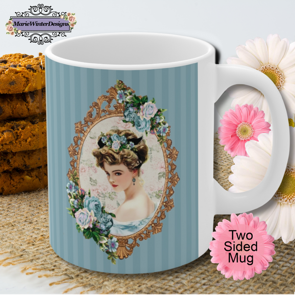 Ceramic Mug with With Elegant Early 1900s Vintage Harrison Fisher Illustration of Lady In Gold Frame On Blue Striped Background with white handle pink flower behind
