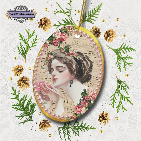 Ceramic Ornament With Elegant Early 1900s Vintage Harrison Fisher Illustration of Lady Holding a Rose surround by pearls with greens and small gold pine cones on lace backdrop[