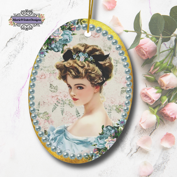 Ceramic Ornament With Elegant Early 1900s Vintage Harrison Fisher Illustration of Lady with Blue Flowers Surrounded with Blue Pearls