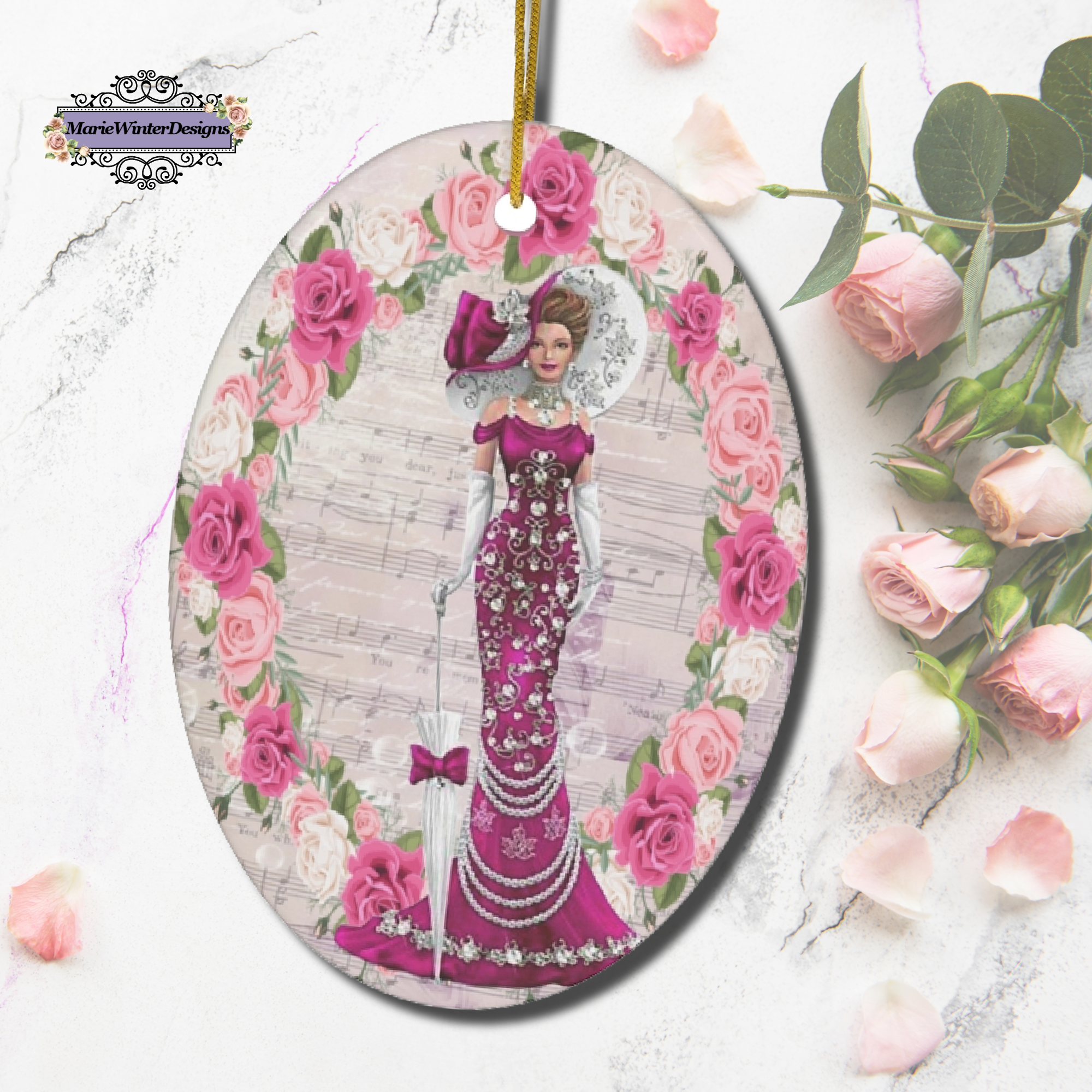 Oval ceramic ornament with Edwardian Lady with large hat music sheet background surrounded with pink and white roses 