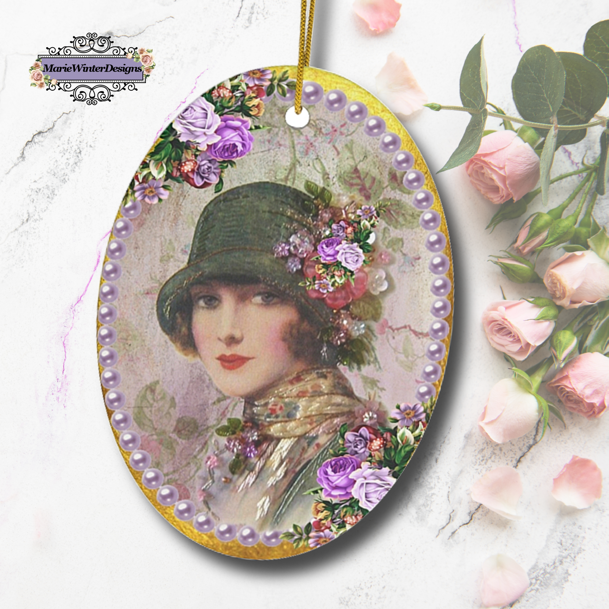 Ceramic Ornament With Elegant Early 1900s Vintage Woman in Green Flapper Style Gatsby Hat surrounded by purple pearls on gold background with pink roses to the side