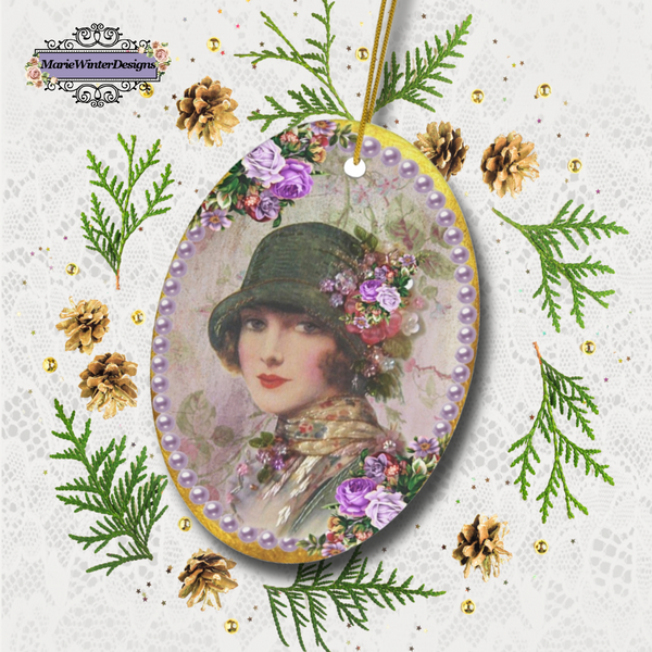 Ceramic Ornament With Elegant Early 1900s Vintage Woman in Green Flapper Style Gatsby Hat surrounded by purple pearls on gold background with greens and gold pine cones on lace backdrop