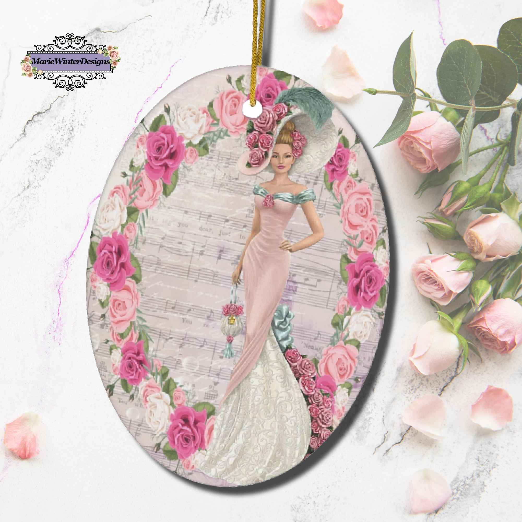 Oval ceramic ornament with Edwardian Lady with large hat music sheet background surrounded with pink and white roses