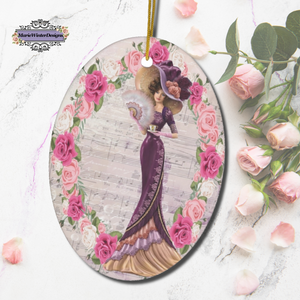 Ceramic Hanging Christmas Ornament With Elegant Early 1900s Vintage Victorian Woman In Purple Dress And Pink Floral Wreath
