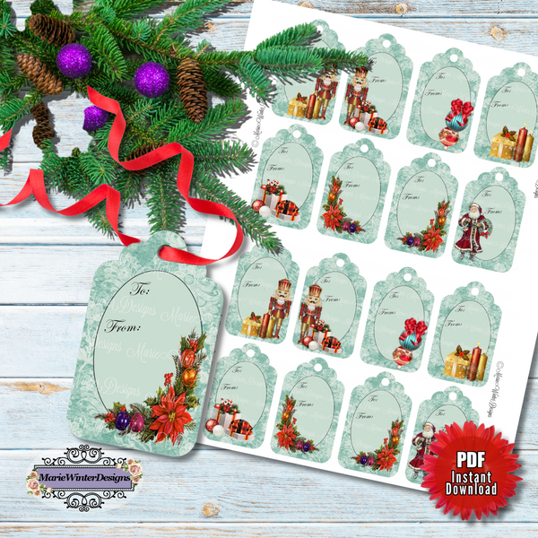 Printable Vintage Christmas Gift Tags, Christmas Gift Labels, Printable Gift Tags, DIY Gift Tags, Digital Collage Sheet Instant Download