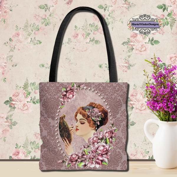 Tote Bag Purse With Elegant Early 1900s Vintage Harrison Fisher Illustration surrounded by lavender pearls, purple flowers on purple damask background against a floral backdrop with white vase and small purple flowers