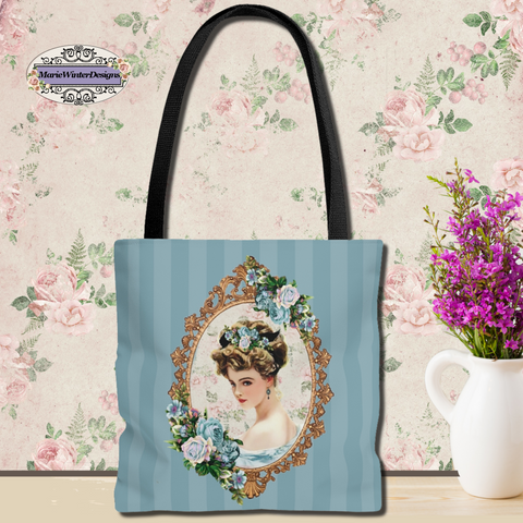 Tote Bag Purse With Elegant Early 1900's Vintage Harrison Fisher Illustration of Lady Blue Stripped Background agains floral backdrop with white vase and small purple flowers