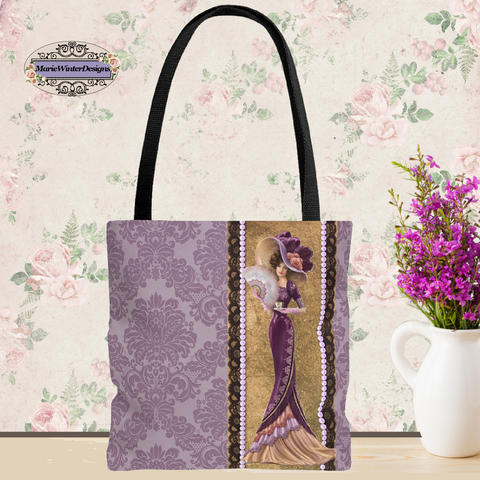 Tote Bag Purse Book Bag With Elegant Early 1900s Vintage Hello Dolly Lady in a Burgandy dress on gold edged with black lace and small lavender pearls on a purpl damask agains a floral walll with urgandy Dress over gold that is edged a white vase amd small purple flowers