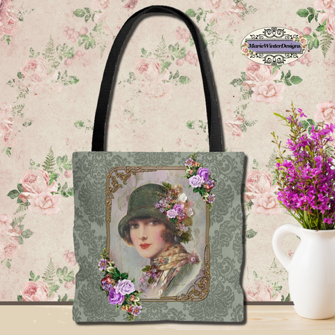 Tote Bag Purse with lady wearing a  Green Flapper Style Gatsby Hat on green damask background agains  a floral backdrop with white vases and small purple flowers