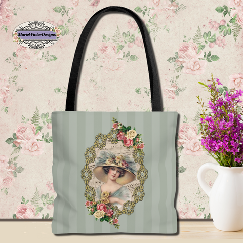 Tote Bag Purse and Book Bag With Elegant Early 1900s Vintage Woman Teal Stripes with floral paper background and white  vase of small purple flowers