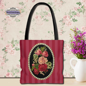 Tote Bag Purse and Book Bag With Vintage Roses Red Striped Background with floral paper background and white vase with small purple flowers