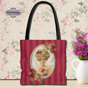 Tote Bag Purse and Book Bag  With Elegant Early 1900s Vintage Woman on Red Stripes floral paper background and vase of purple flowers