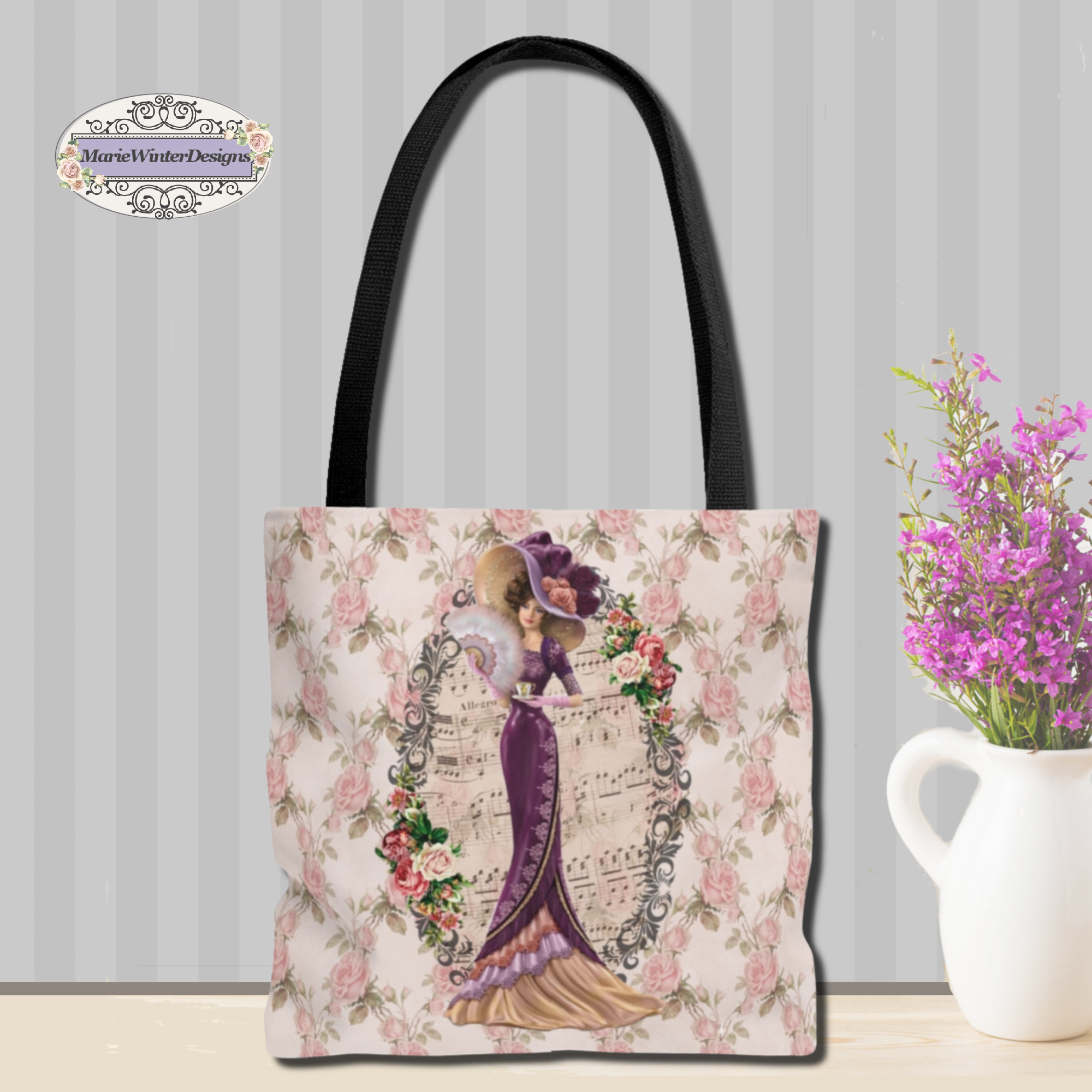 Tote Bag Purse Book Bag With Elegant Early 1900s Vintage Hello Dolly Lady in a Burgandy Dress on pink roses, green leaves white background against gray stripe backdrop with white vase ans small purple flowers
