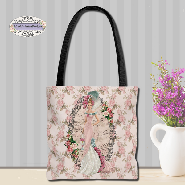 Products Tote Bag Purse Book Bag With Elegant Early 1900s Vintage Hello Dolly Lady against gray stripe backdrop with white vase and small purple flowers