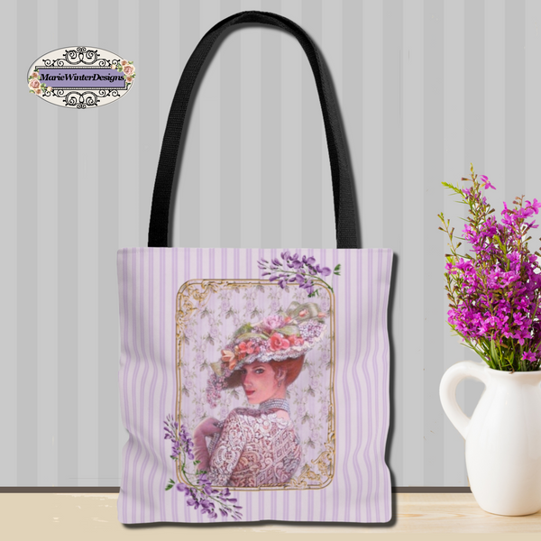 Tote Bag Purse and Book BagWith Elegant Early 1900s Vintage Woman Wearing a Purple Lace Dress against a gray stripped back drop and vase of small purple flowers